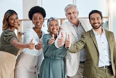 Buy stock photo Portrait, thumbs up and business people in office with thank you sign, gesture and positive symbol. Diversity, hands and face of team with finger emoji for cooperation, coworking and solidarity