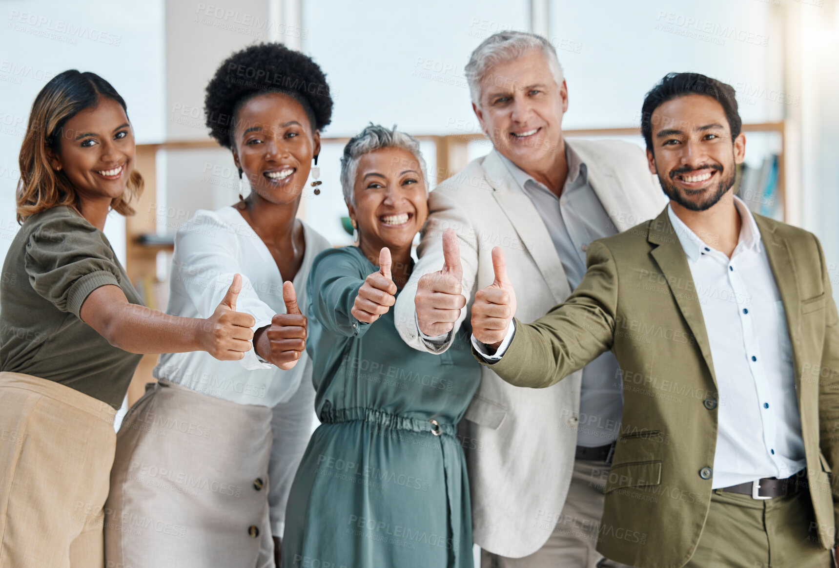 Buy stock photo Portrait, thumbs up and business people in office with thank you sign, gesture and positive symbol. Diversity, hands and face of team with finger emoji for cooperation, coworking and solidarity