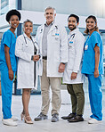 Doctor, nurses and healthcare portrait in a hospital and clinic with wellness leadership team. Employee, community and diversity of professional health and employee group with a smile and happiness
