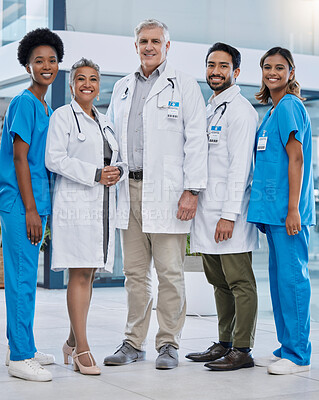 Buy stock photo Doctor, nurses and healthcare portrait in a hospital and clinic with wellness leadership team. Doctors, community and diversity of professional health and employee group with a smile and happiness