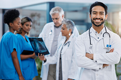 Buy stock photo Man doctor, hospital team and leadership portrait outdoor feeling serious with vision. Healthcare x ray, wellness and nursing group with arms crossed and stethoscope ready for medical teamwork