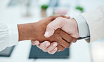 Hands, handshake and business people with b2b deal, welcome and thank you gesture. Shaking hands, partnership man with and hr for thank you after job interview, hiring or integration, crm or contract