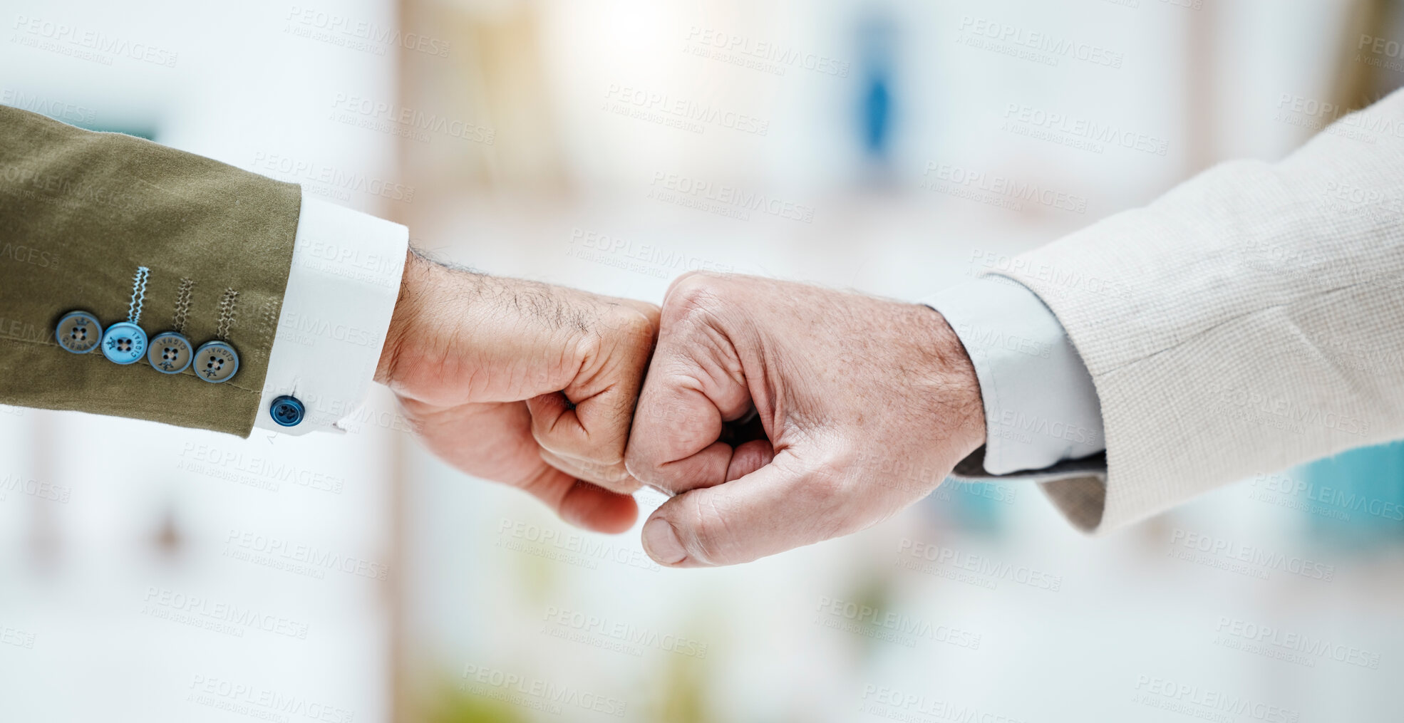 Buy stock photo Partnership, fist bump and hands of business people together for motivation, support and cooperation. Collaboration, teamwork and men with fists for agreement, trust and management deal in office