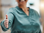 Hand, woman and handshake for b2b deal, welcome and thank you gesture on blurred background. Shaking hands, offer and hr lady with thank you sign for job interview, hiring and business integration
