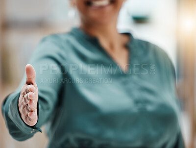 Buy stock photo Hand, woman and handshake for b2b deal, welcome and thank you gesture on blurred background. Shaking hands, offer and hr lady with meeting sign for job interview, hiring and business integration