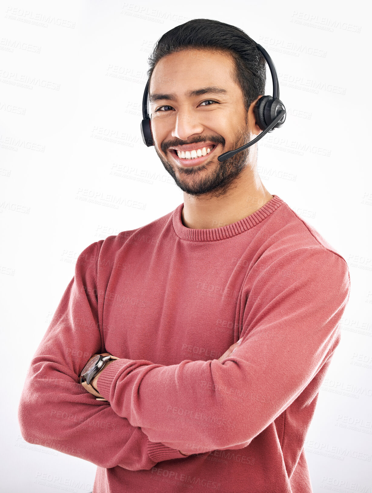 Buy stock photo Confident customer service, face portrait or happy man telemarketing on contact us CRM or consulting telecom. Callcenter communication, arms crossed and male studio agent isolated on white background