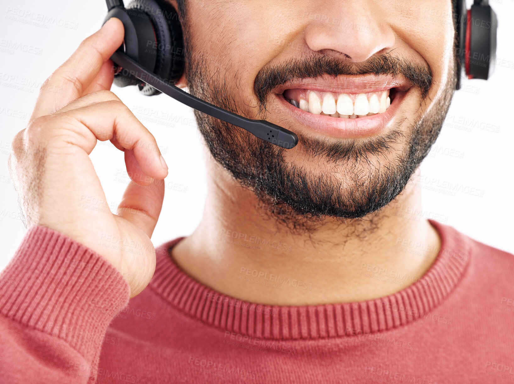 Buy stock photo Call center consulting, mouth or happy man telemarketing on contact us CRM or telecom studio. Customer service communication, face headset mic and male consultant smile isolated on white background