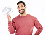 Money fan, cash investment and man on white background for wealth, financial savings and payment bonus. Finance profit, winner and isolated male for winning, prize and stock market success in studio