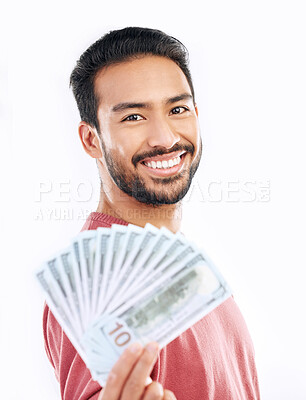 Buy stock photo Money, cash investment and portrait of man on white background for budget, financial savings and payment. Finance profit, winner and happy male for winning, prize and stock market success in studio