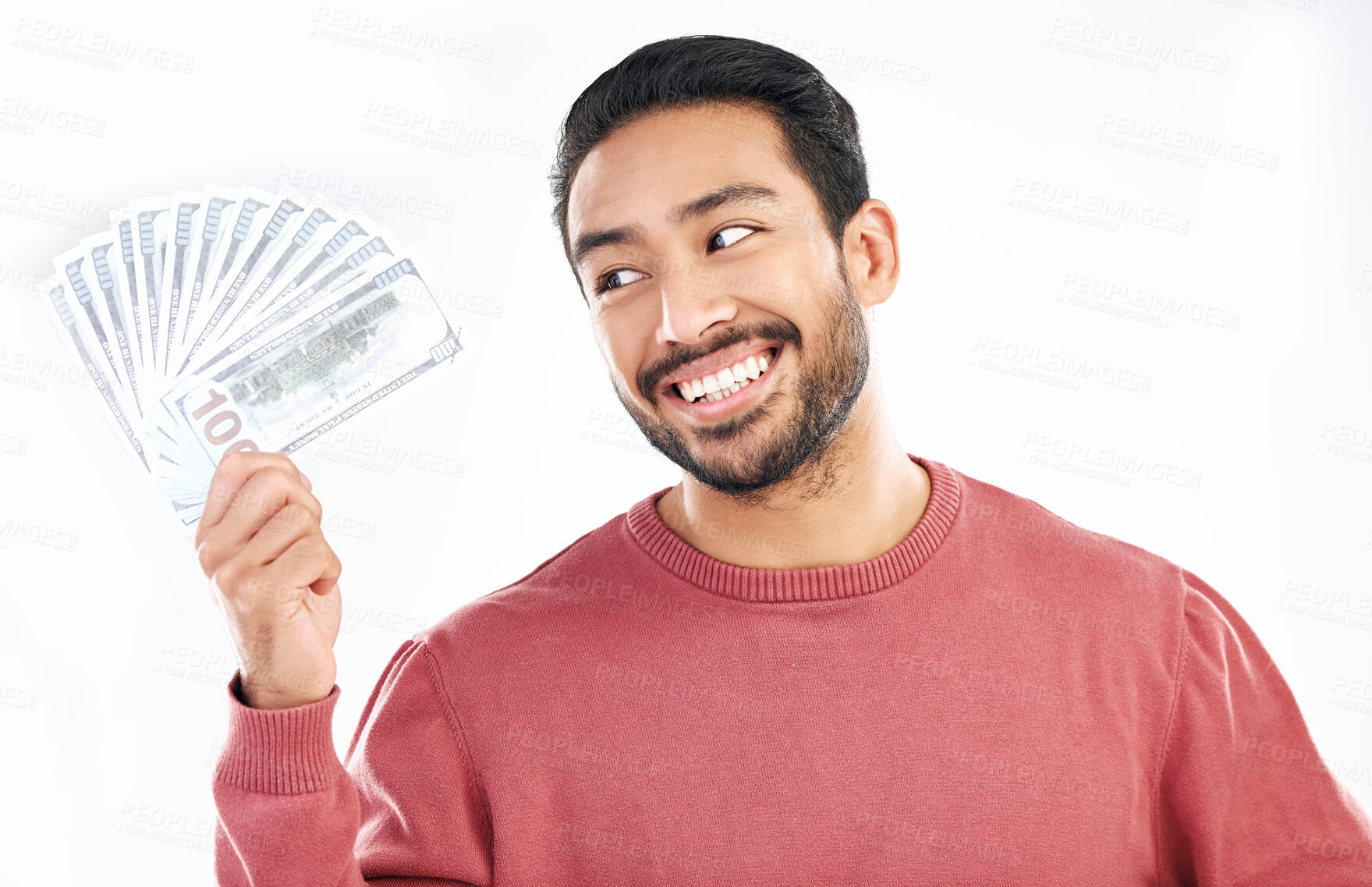 Buy stock photo Money fan, cash investment and man on white background for wealth, financial savings and payment bonus. Finance profit, winner and happy male for winning, prize and stock market success in studio