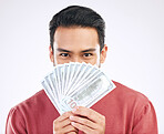 Money fan, cash and portrait of man on white background for investment, financial savings and payment. Finance profit, winner and isolated male for winning, prize and stock market success in studio