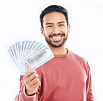 Cash, money and portrait of man investor on white background for investment, financial savings and payment. Finance profit, winner and happy male for winning, prize and stock market success in studio