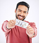 Money, cash and portrait of man with dollar on white background for investment, financial savings and payment. Finance profit, winner and isolated male for winning, stock market and success in studio