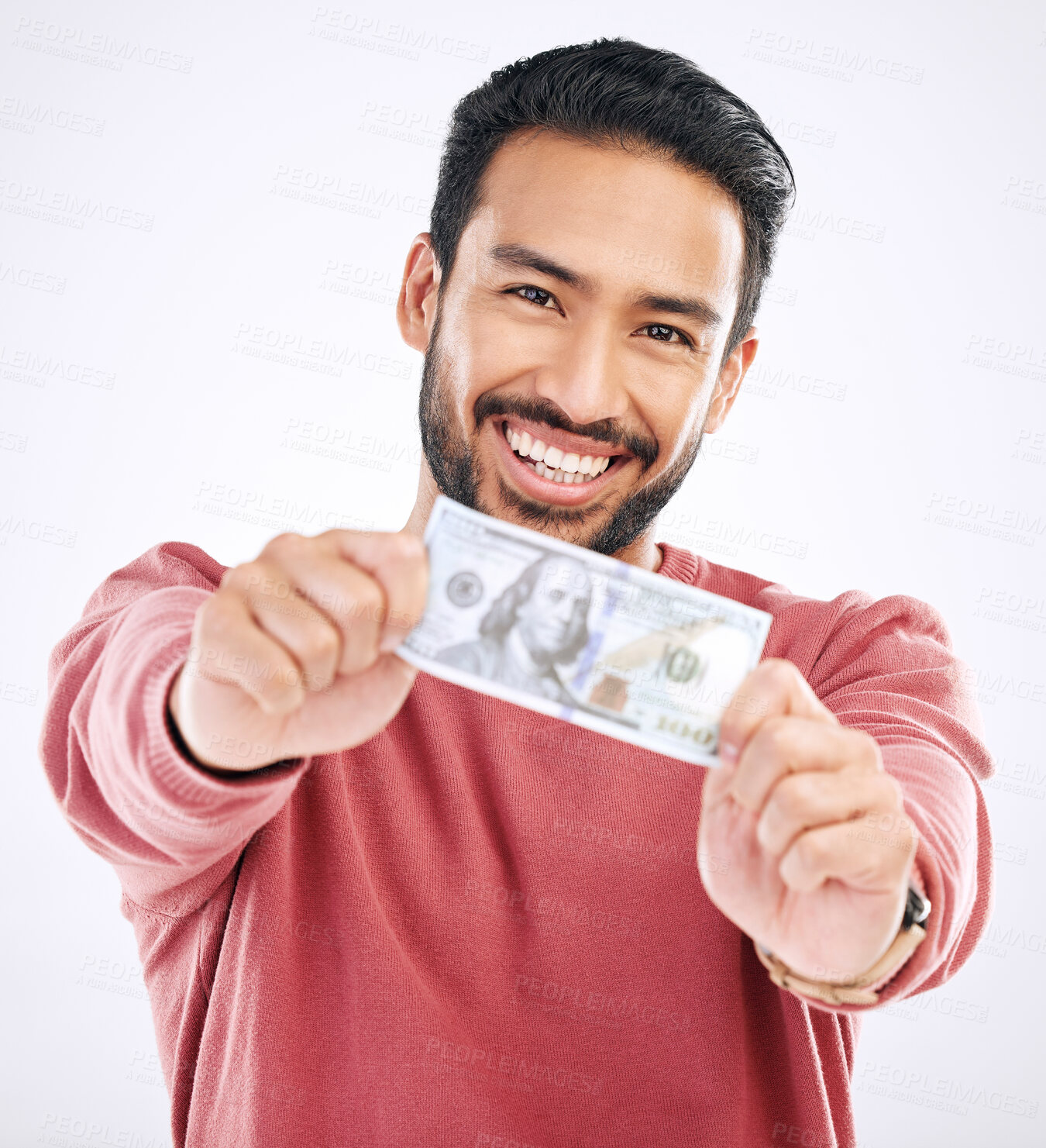 Buy stock photo Money, cash and portrait of man with dollar on white background for investment, financial savings and payment. Finance profit, winner and isolated male for winning, stock market and success in studio