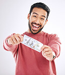 Dollar, money and excited portrait of man on studio background for investment, financial savings and payment. Finance profit, winner and happy male for winning, cash bonus and stock market success