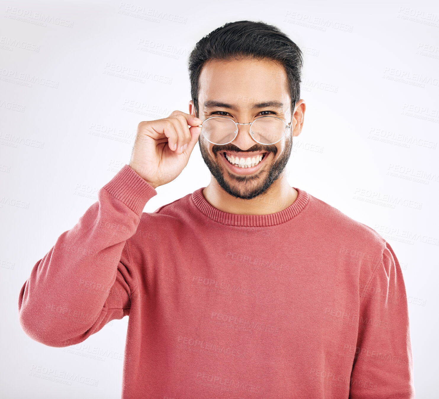 Buy stock photo Glasses, happy man and portrait in a studio with a smile from vision and eyewear choice. Isolated, white background and happiness of a excited male model with lens prescription and frame decision