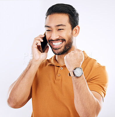 Phone call communication, studio news and happy man celebrate achievement, success goals or winning. Excited, winner and male celebration fist pump, announcement or notification on white background