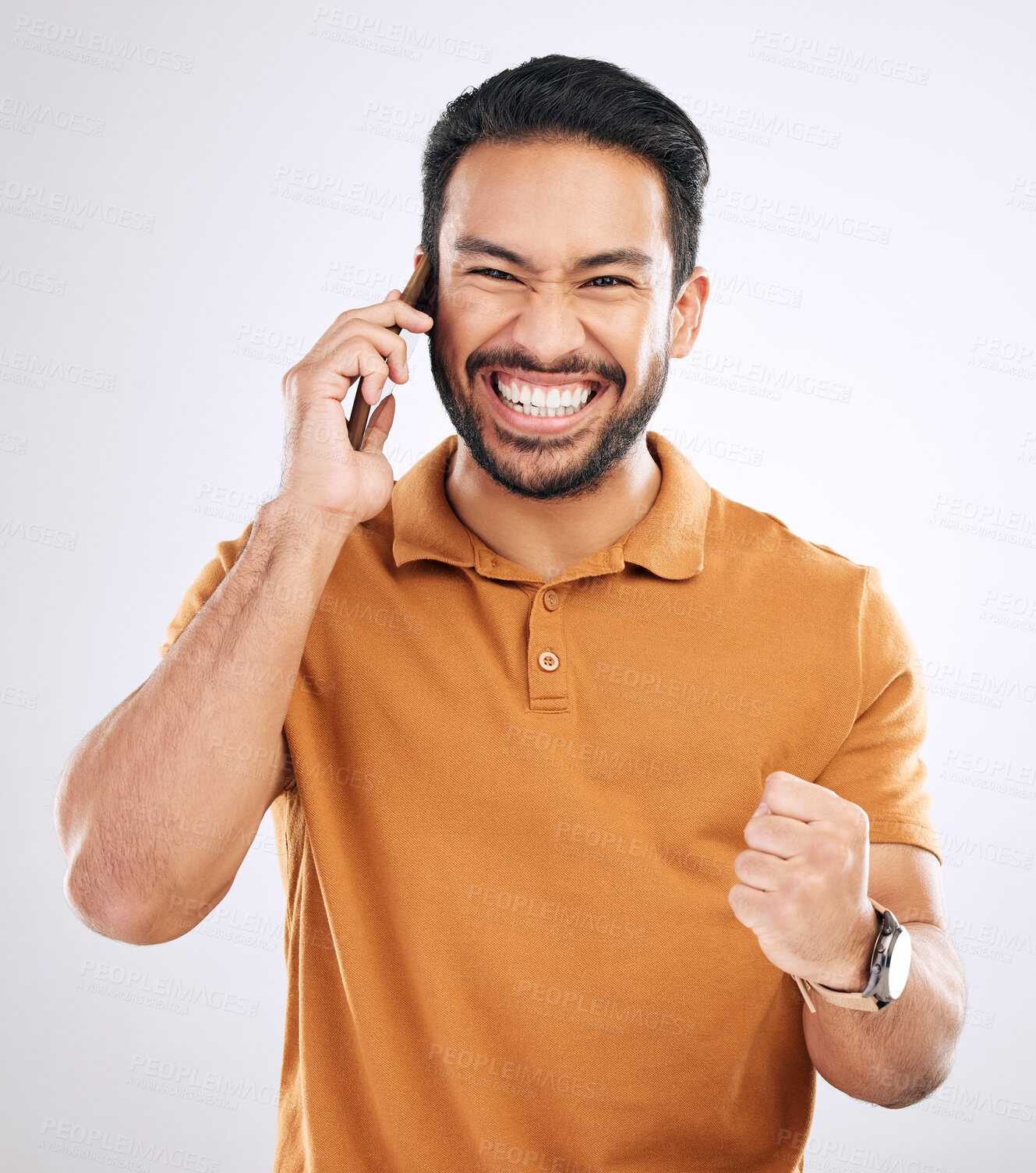 Buy stock photo Phone call communication, portrait and happy man celebrate achievement, success news or studio winning. Excited, winner or male celebration fist pump, announcement or notification on white background