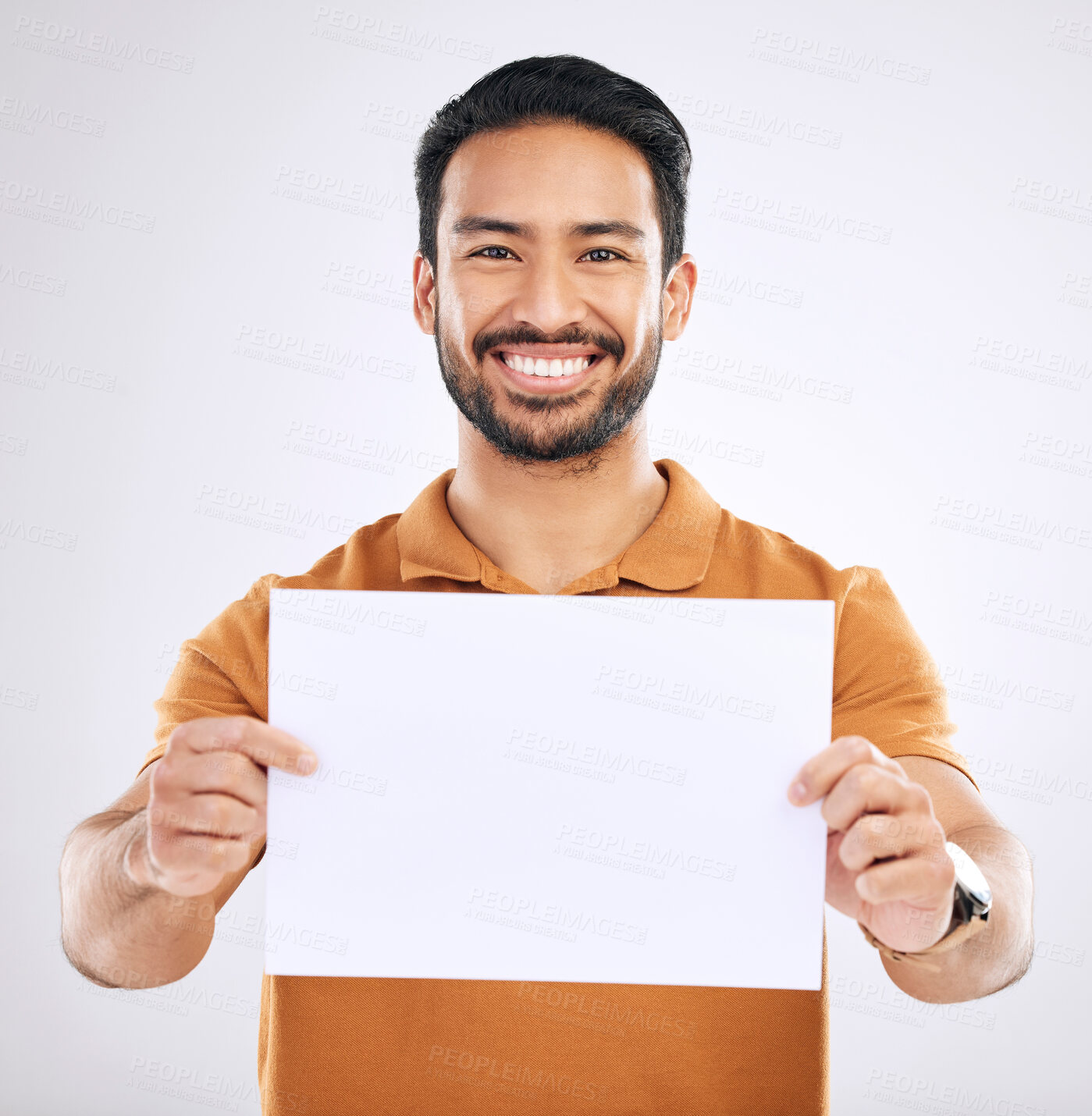 Buy stock photo Studio poster, portrait or mockup of happy man, marketing placard or advertising banner on product placement paper. Logo mock up, billboard promotion sign or brand person isolated on white background