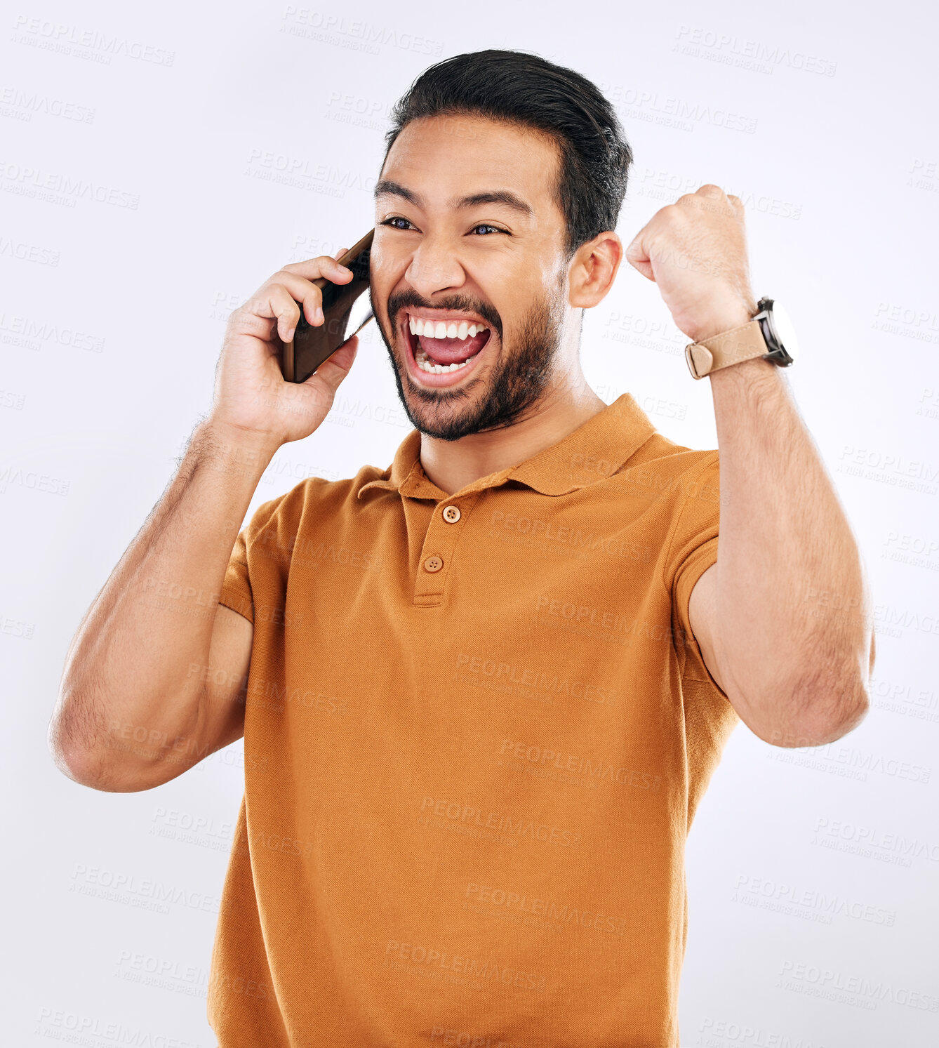 Buy stock photo Phone call news, excited and happy man celebrate achievement, winning success or studio celebration. Scream winner, cheers and male fist pump, prize announcement or notification on white background