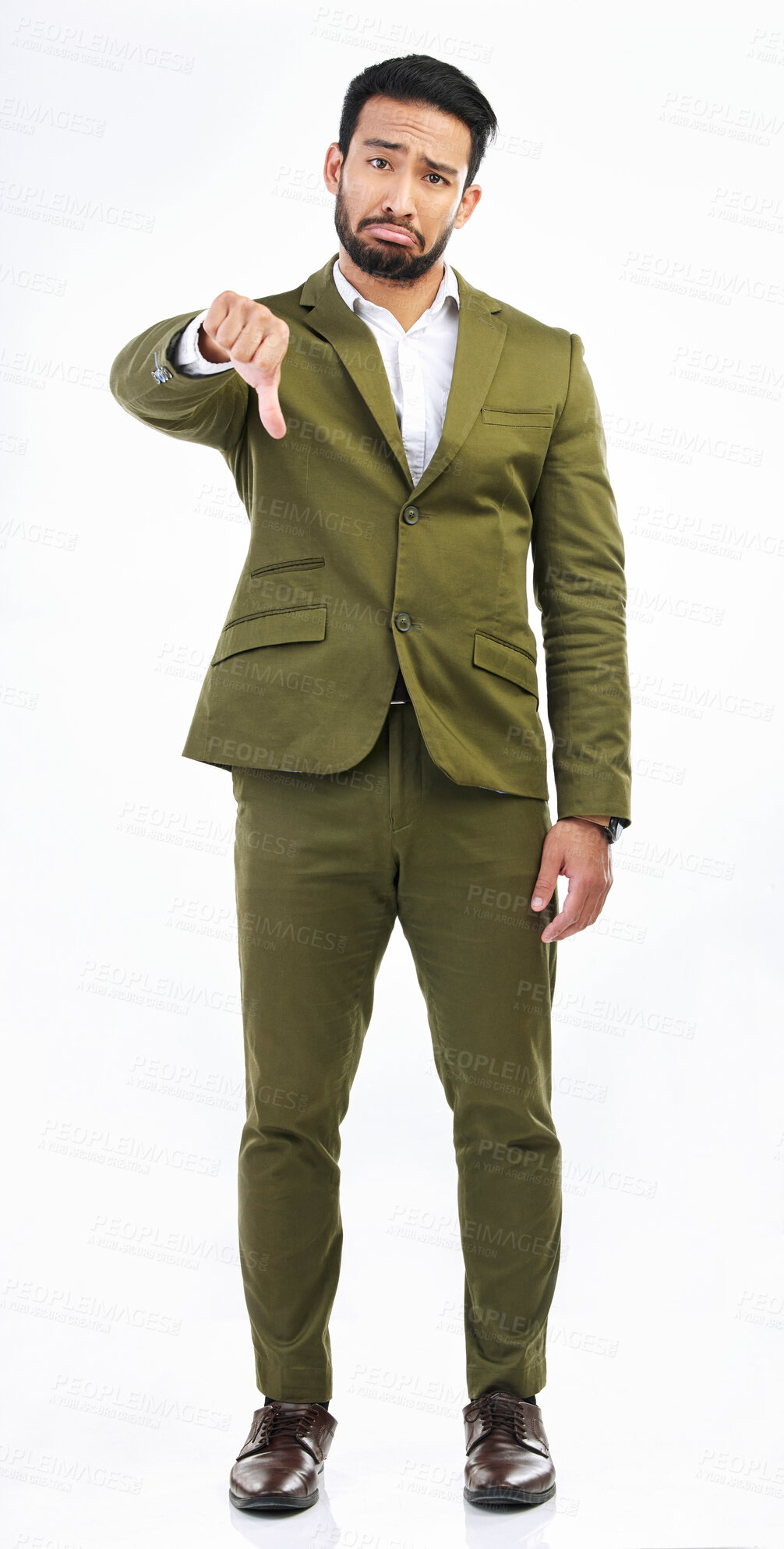 Buy stock photo Thumbs down, sad man and reject portrait in a studio with bad feedback and emoji hand sign. Negative opinion, decision and wrong hands gesture of a upset business model with isolated white background