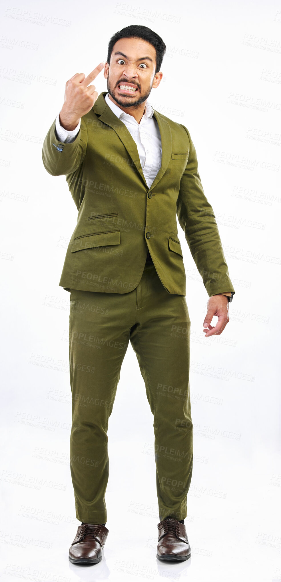 Buy stock photo Angry, crazy and portrait of an Asian man with a middle finger isolated on a white background in a studio. Negative, anger and a frustrated Japanese businessman showing an offensive hand gesture