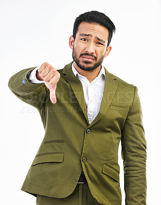 Buy stock photo Thumbs down, business man and sad portrait in a studio with bad feedback, voting and emoji hand sign. Negative opinion, decision and wrong hands gesture of a upset male with isolated white background