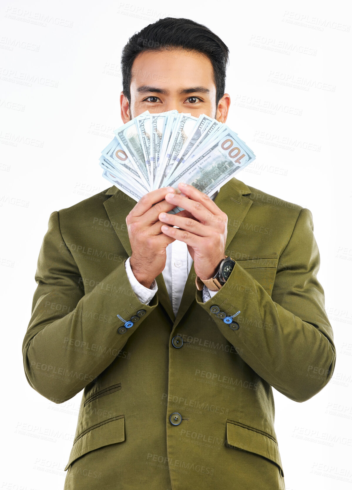 Buy stock photo Money, cash and portrait of business man on studio background for investment, bonus and stock market. Finance success, winner and isolated male with bills for winning, profit and wealth opportunity