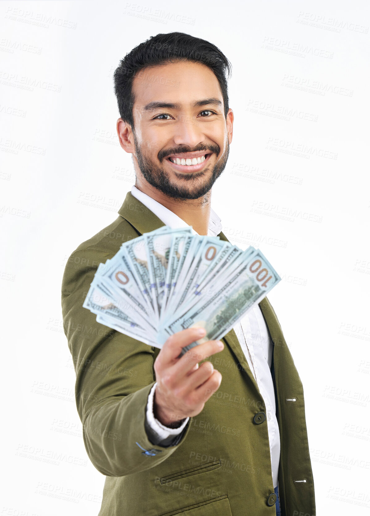 Buy stock photo Cash, money and portrait of business man on white background for bonus, financial savings and payment. Finance success, investment and happy male for winning, budget and stock market profit in studio