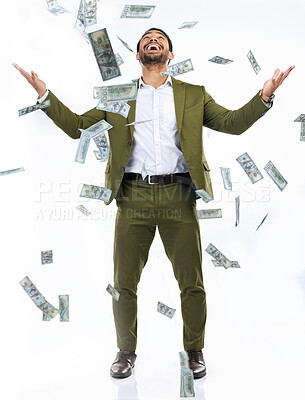 Buy stock photo Money confetti, cash and business man on studio background for investment, bonus and stock market. Finance success, winner mockup and excited male with bills for winning, profit and wealth savings