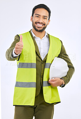 Buy stock photo Portrait, Asian man and engineer with thumbs up, architecture and hard hat on a white studio background. Face, male employee or architect with gesture for agreement, thank you or success with project