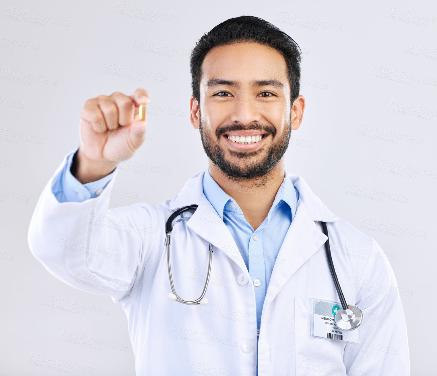 Buy stock photo Pharmacist portrait, studio pills or happy man with pharmaceuticals, drugs or medicine supplement. Healthcare support, medical pharmacy or male doctor with prescription medication on white background