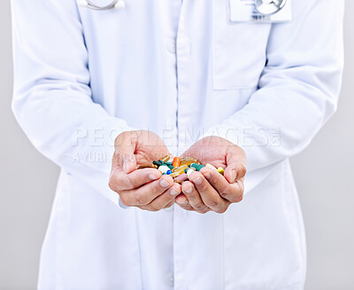 Buy stock photo Pharmacist pills, palm or man hands with closeup in pharmaceuticals, drugs or medicine supplement for healthcare. Medical pharmacy, studio or doctor with prescription medication on white background