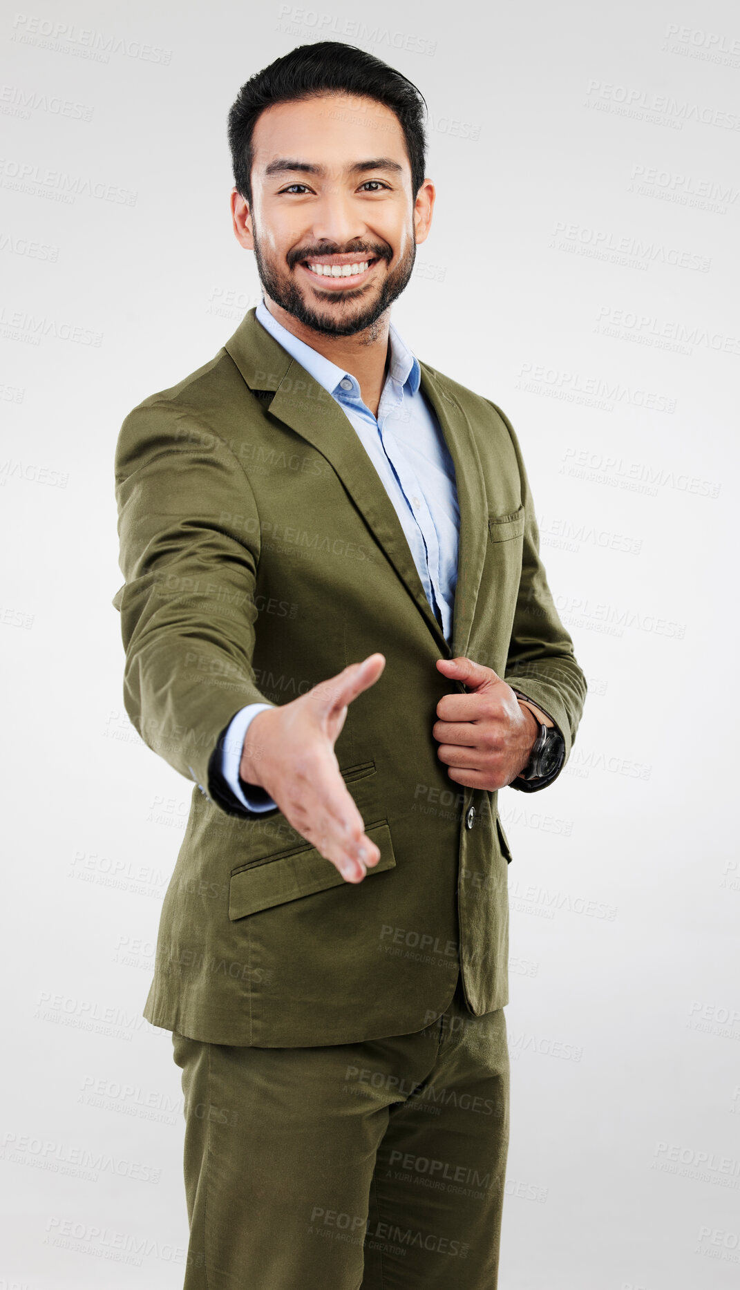 Buy stock photo Business portrait, happy man and studio handshake gesture for investment deal, b2b contract or acquisition agreement. Human resources, hiring welcome and HR hand shake isolated on gray background