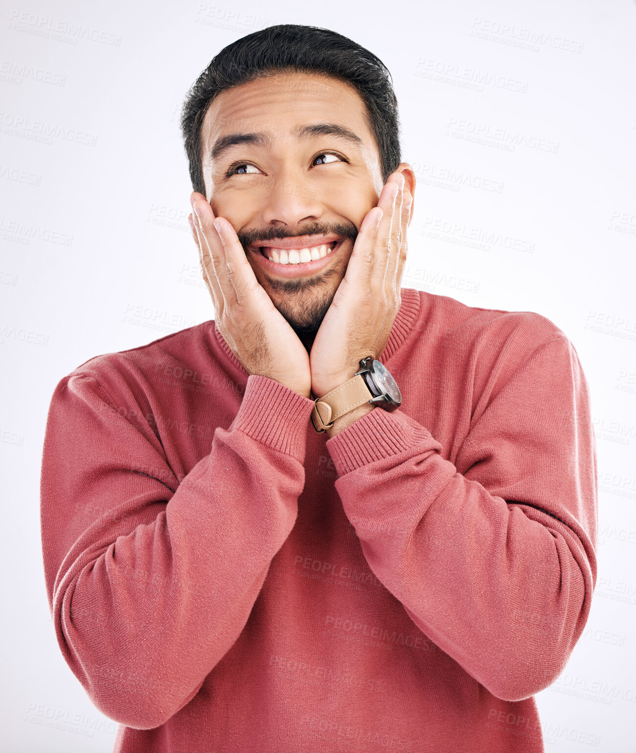 Buy stock photo Happy, smile and man in a studio looking cute and handsome while thinking. Isolated, white background and male model with a cheerful, silly and happiness pose dreaming about an idea with backdrop