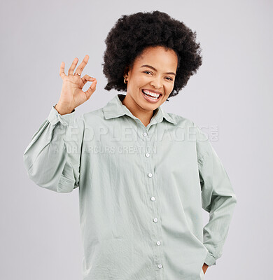 Buy stock photo Happy, perfect and portrait of a black woman with a sign isolated on a white background in studio. Smile, ok and an African girl with a hand gesture for success, agreement and happiness on a backdrop