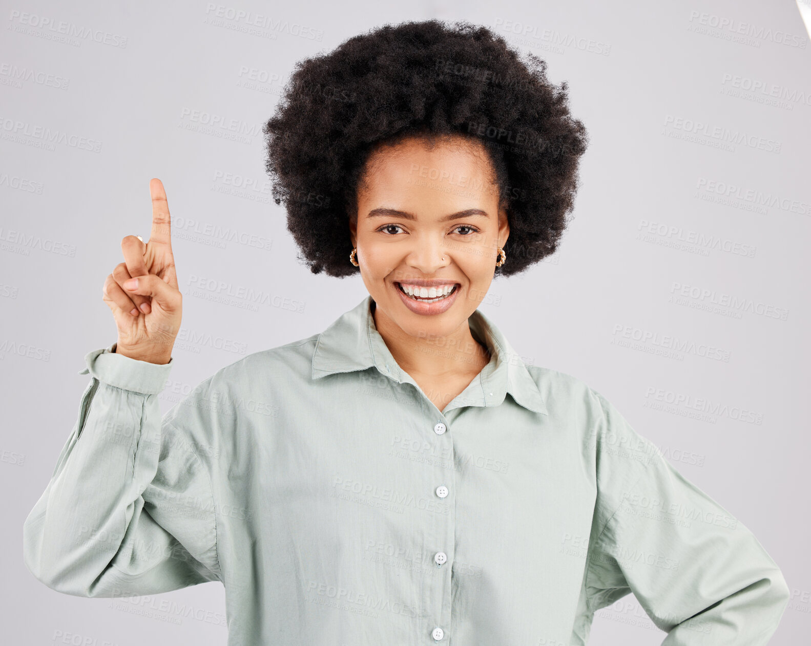 Buy stock photo Woman portrait, up direction and idea hand sign with a smile in a studio with a solution to a question. Isolated, white background and female feeling happy and confident from inspiration and ideas