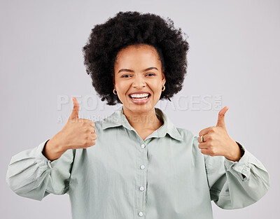 Buy stock photo Portrait, thumbs up and black woman laughing in studio isolated on a white background. Success, happiness and person with hand gesture or emoji for winning, approval or agreement, like or thank you.