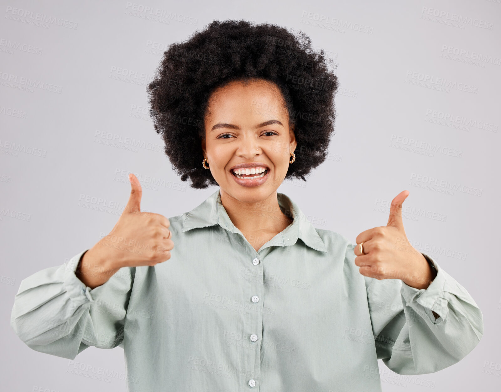 Buy stock photo Portrait, thumbs up and black woman laughing in studio isolated on a white background. Success, happiness and person with hand gesture or emoji for winning, approval or agreement, like or thank you.