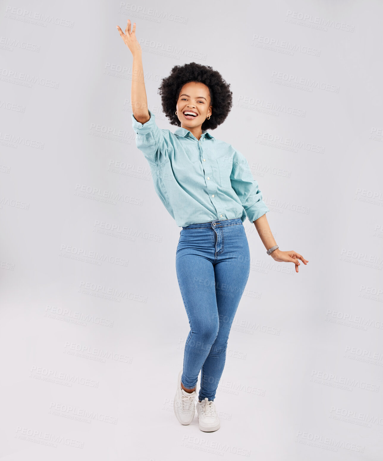 Buy stock photo Happy, dance and portrait of a black woman with style isolated on a white background in a studio. Smile, beautiful and an African girl with fashion sense, dancing and showing a pose on a backdrop