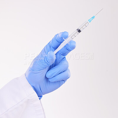 Buy stock photo Healthcare, hand and doctor with vaccine, injection or shot in studio against a white background. Medicine, vaccination and man health expert with needle for medical, innovation or disease treatment