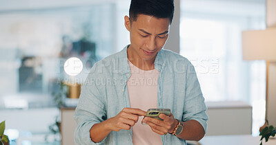 Buy stock photo Cellphone, business or Asian man on social media, typing or network with connection, office or app. Japanese person, employee or worker with a smartphone, internet or mobile user with sms or chatting