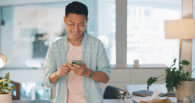 Buy stock photo Smartphone, business or Asian man with connection, typing and email notification with digital app, internet or chatting. Japanese person, employee or consultant with a cellphone, smile or mobile user