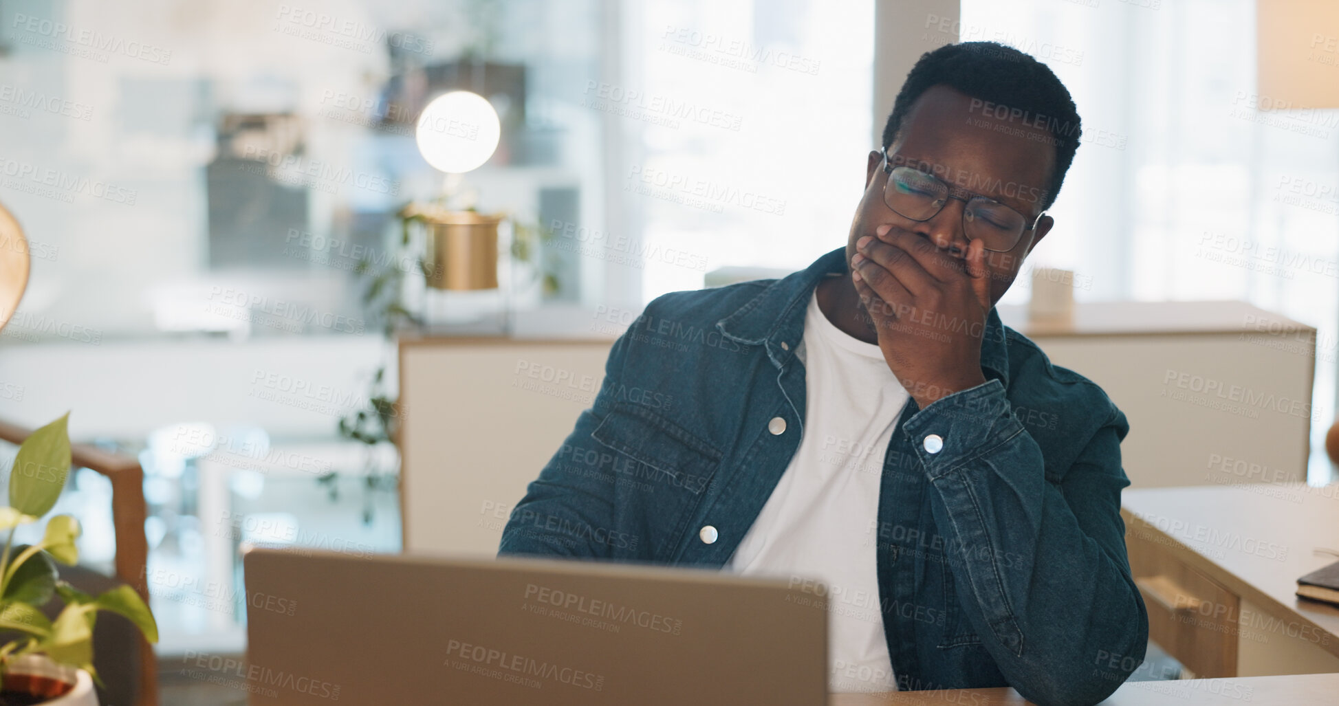 Buy stock photo Business, burnout and black man with laptop in office yawning, sleepy or low energy. Fatigue, exhausted and tired African guy web designer online with boring design project overload, proposal or task