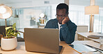 Sleeping, business man and tired  web office worker with stress and burnout from project. Digital, black man and fintech agent working on a laptop for finance deadline feeling sleepy from online job