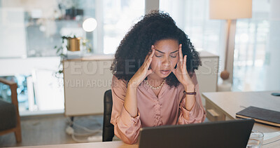 Buy stock photo Frustrated business woman, laptop and headache in stress, mistake or burnout at office. Tired female person or employee in anxiety, mental health or fatigue from debt or financial crisis at workplace