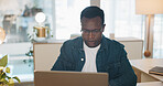 Thinking, data analysis or business black man with computer for company growth, social network or marketing SEO target review. Innovation, startup or manager with tech for social media analytics target