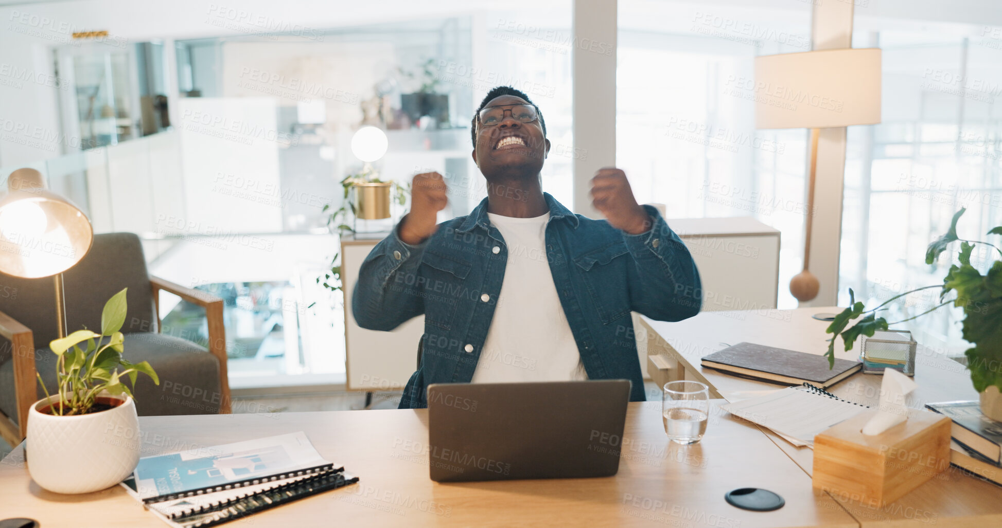 Buy stock photo Business, laptop and black man with celebration, achievement and promotion in a workplace. African person, entrepreneur and professional with cheering, pc and winner with success, wow and victory