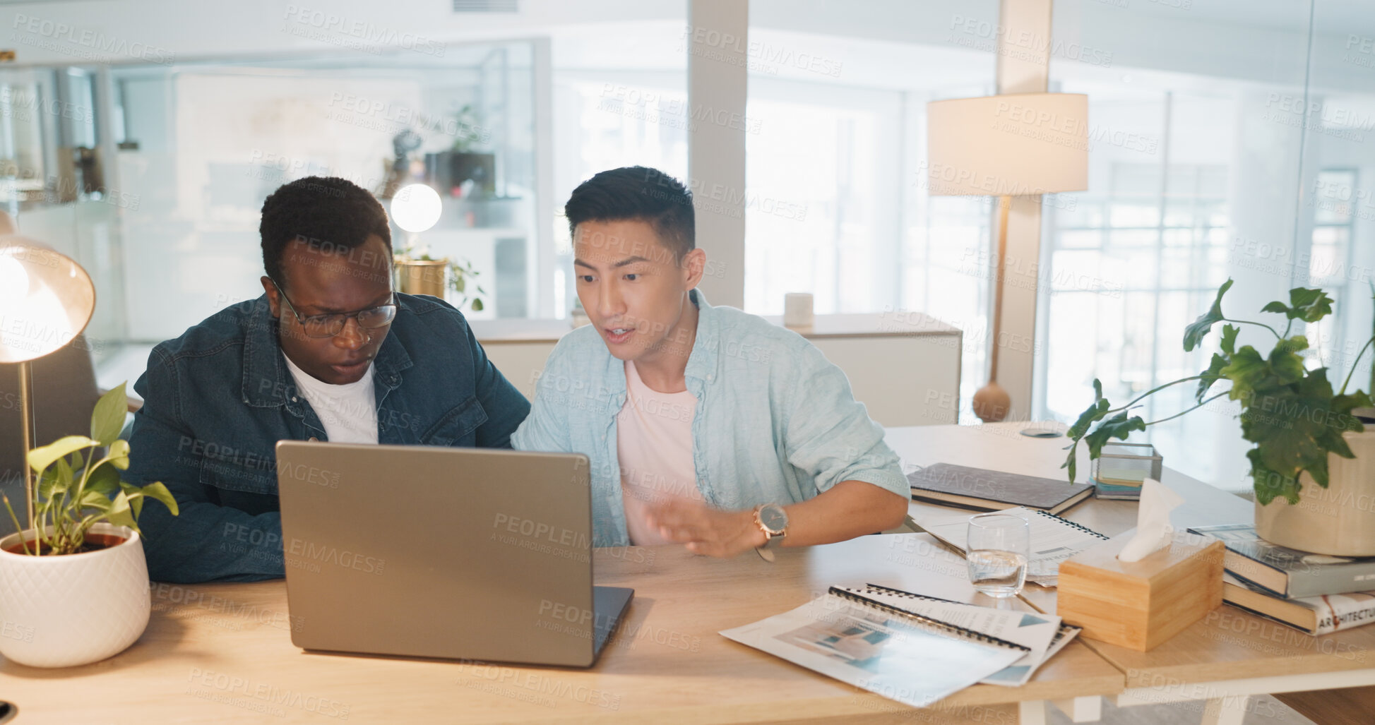 Buy stock photo Laptop, teamwork or meeting with business men in collaboration for project management. Consulting, diversity or employees in discussion, conversation or speaking of online review in startup office