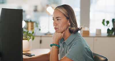 Buy stock photo Thinking, corporate and woman with a laptop, problem solving and online reading with progress report, budget planning or solution. Person, professional and financial adviser with computer or decision